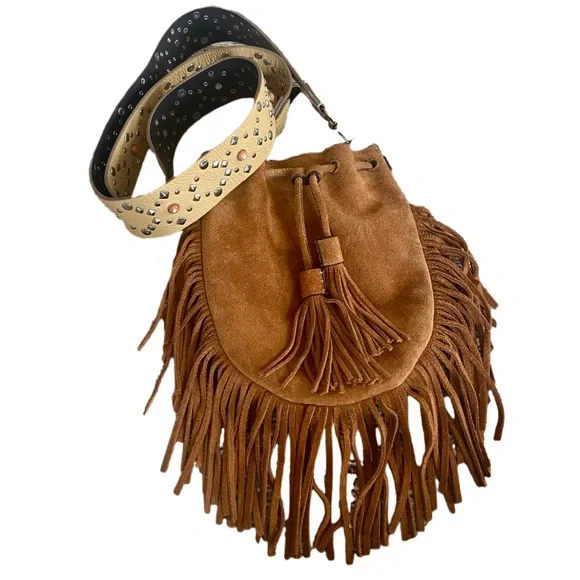 🛑SOLD Rebecca Minkoff Boho Tan Suede Fringe Crossbody Embellished Strap Handbag - Picture 1 of 13